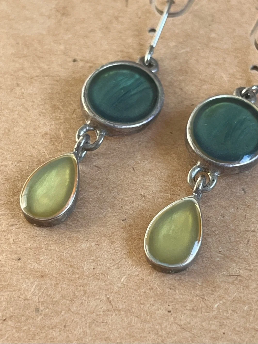 Handcrafted Silver Drop Earrings with Green and Yellow Stones - Picture 3 of 3